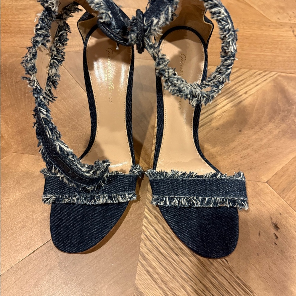 Gianvito Rossi Navy Frayed Denim Heels